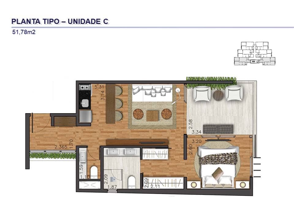 PLANTA TIPO – UNIDADE C - 51,78M²